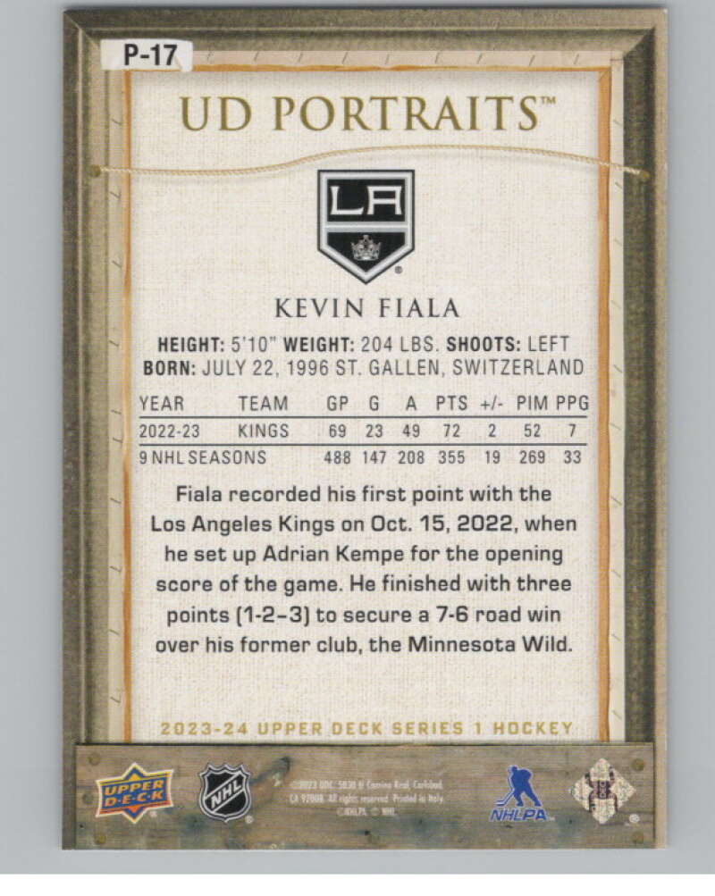 2023-24 Upper Deck UD Portraits #P-17 Kevin Fiala  Los Angeles Kings  V102231 Image 2