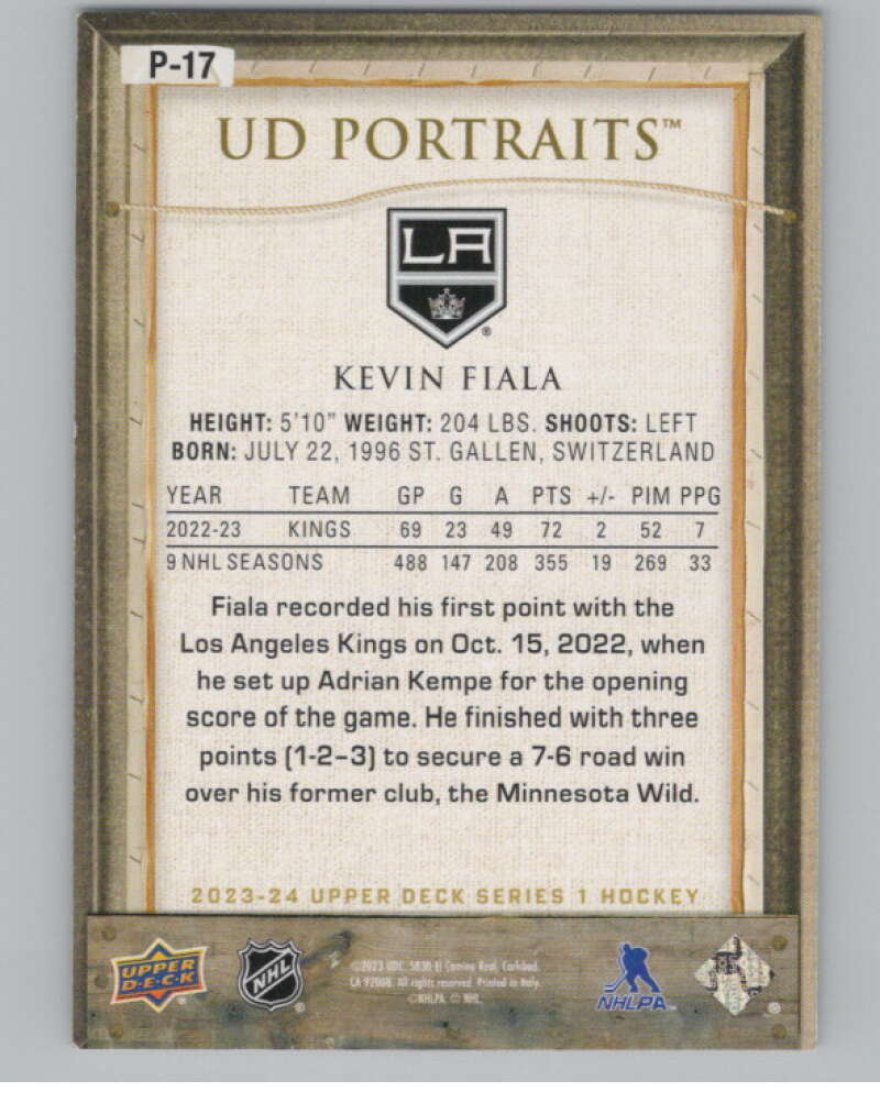 2023-24 Upper Deck UD Portraits #P-17 Kevin Fiala  Los Angeles Kings  V102232 Image 2