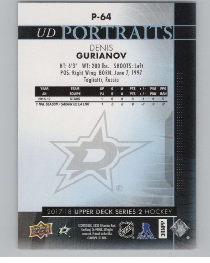 2017-18 Upper Deck Portraits #P-64 Denis Gurianov  Dallas Stars  V102239 Image 2