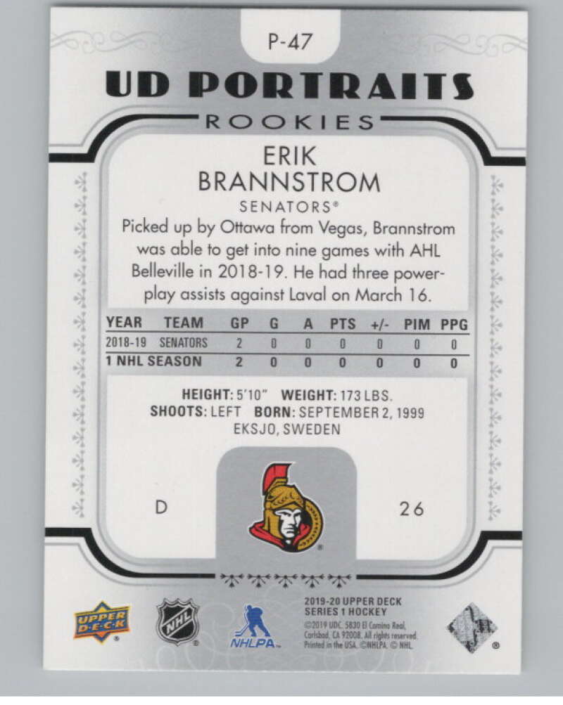 2019-20 Upper Deck Portraits #P-47 Erik Brannstrom  Ottawa Senators  V102241 Image 2