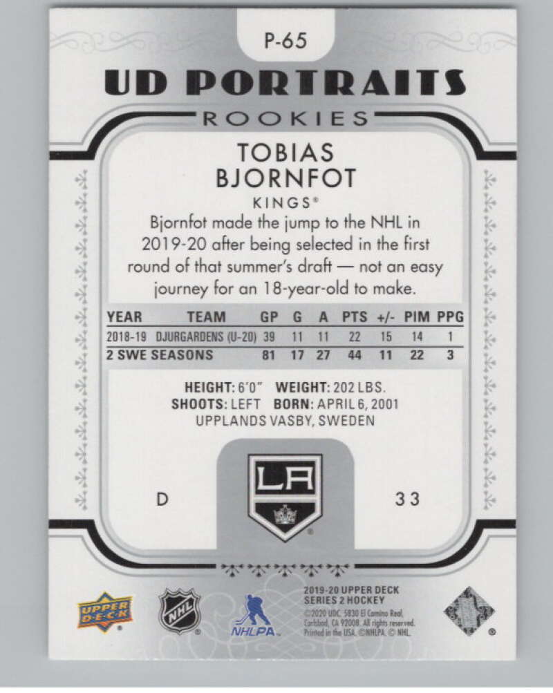 2019-20 Upper Deck Portraits #P-65 Tobias Bjornfot  Los Angeles Kings  V102242 Image 2