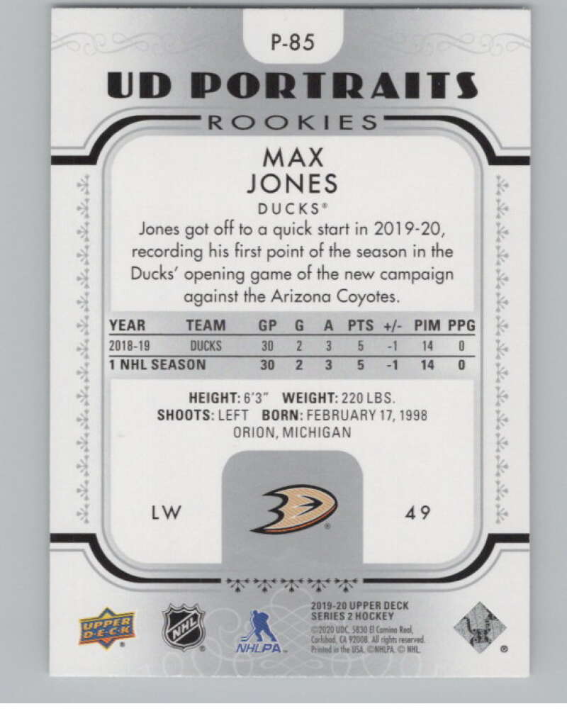 2019-20 Upper Deck Portraits #P-85 Max Jones  Anaheim Ducks  V102243 Image 2