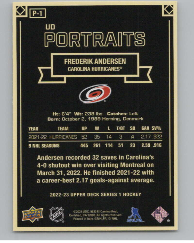 2022-23 Upper Deck UD Portraits #P-1 Frederik Andersen Hurricanes  V102244 Image 1