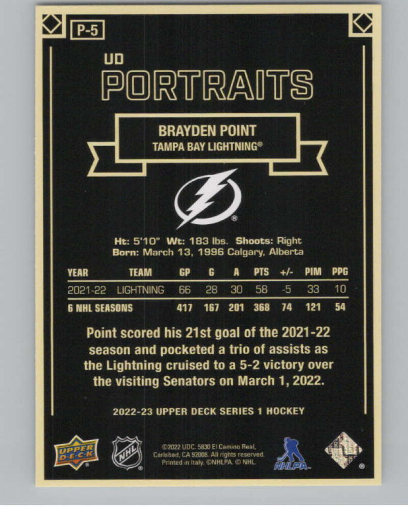2022-23 Upper Deck UD Portraits #P-5 Brayden Point  Tampa Bay Lightning  V102245 Image 2