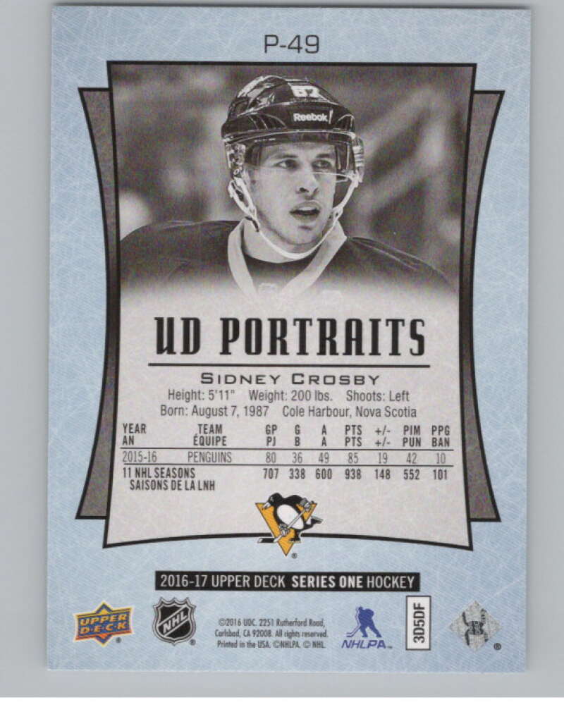 2016-17 Upper Deck UD Portraits #P-49 Sidney Crosby Superstars Penguins  V102255 Image 2