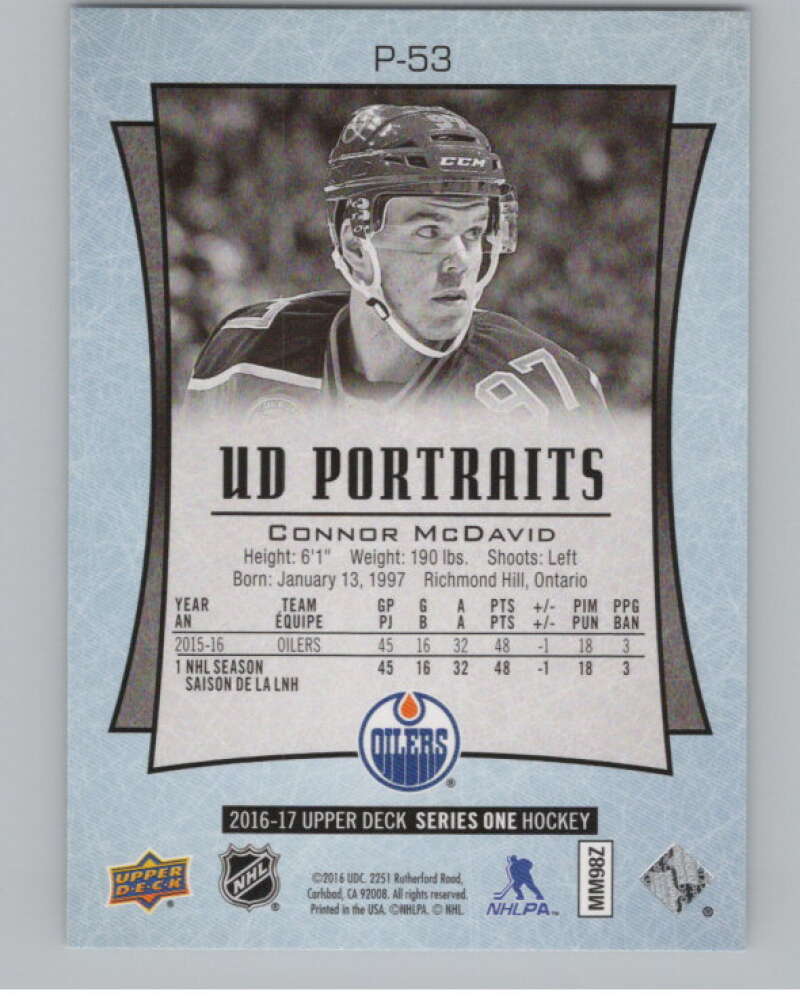 2016-17 Upper Deck UD Portraits #P-53 Connor McDavid Superstars Oilers  V102256 Image 2