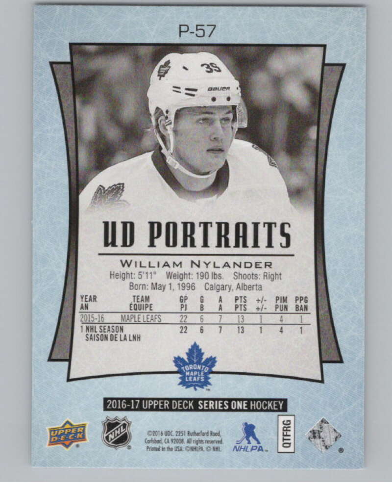 2016-17 Upper Deck UD Portraits #P-57 William Nylander Rookies Leafs  V102258 Image 2