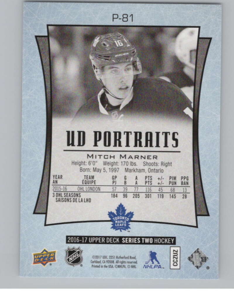 2016-17 Upper Deck UD Portraits #P-81 Mitch Marner  Toronto Maple Leafs  V102259 Image 2