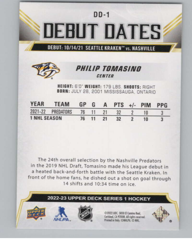 2022-23 Upper Deck Debut Dates #DD-1 Philip Tomasino Predators  V102261 Image 2