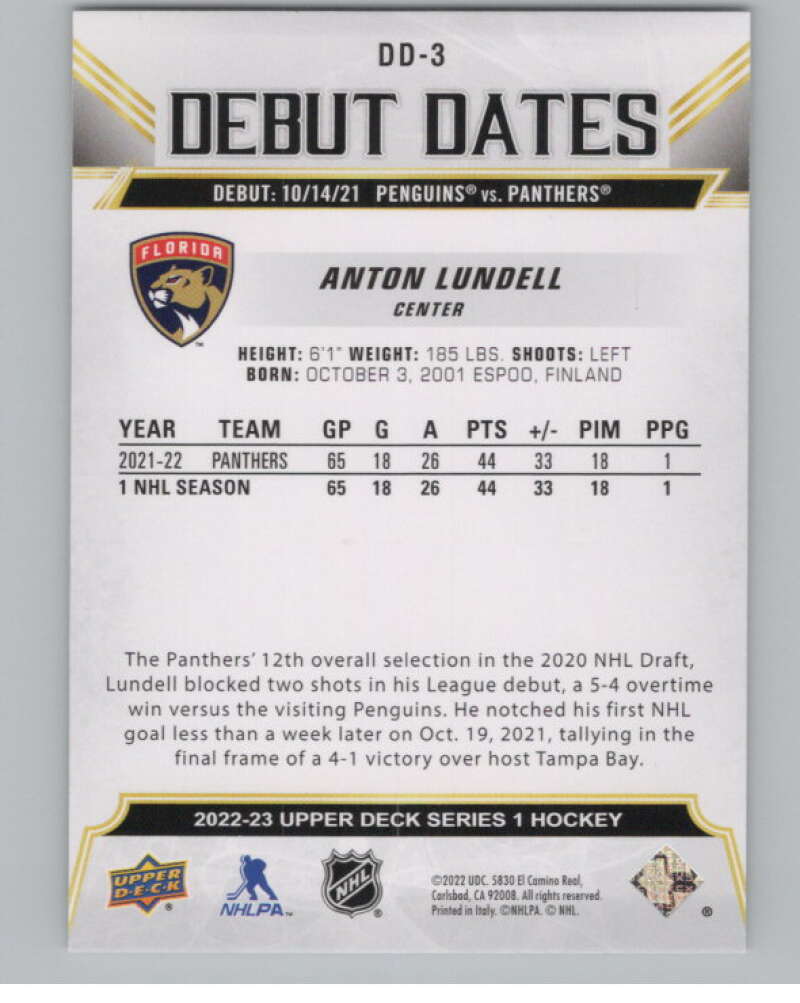 2022-23 Upper Deck Debut Dates #DD-3 Anton Lundell  Florida Panthers  V102262 Image 2