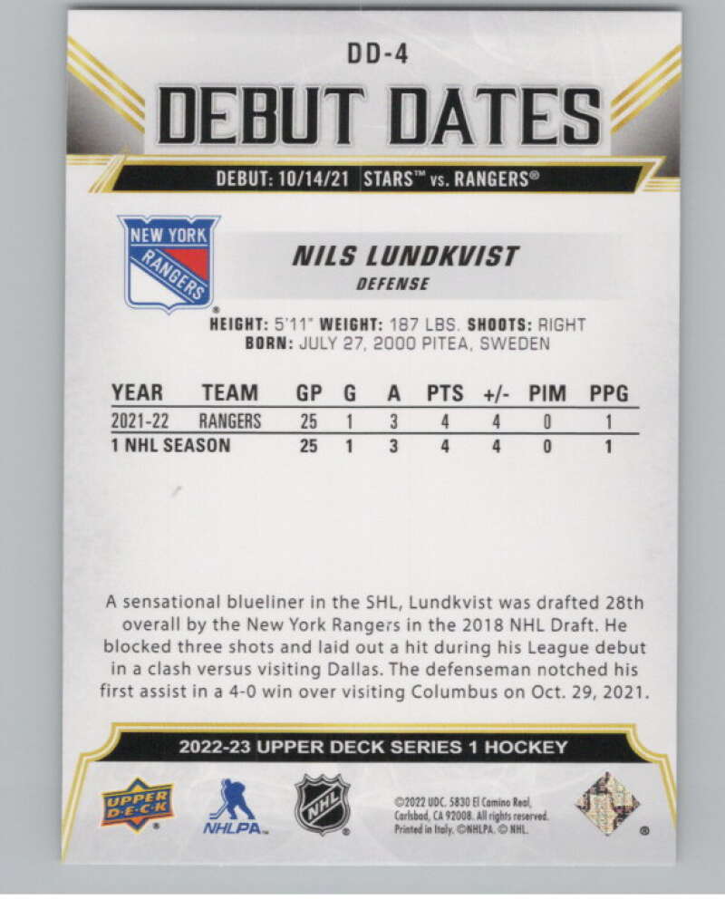2022-23 Upper Deck Debut Dates #DD-4 Nils Lundkvist  New York Rangers  V102263 Image 2