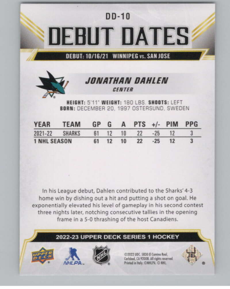 2022-23 Upper Deck Debut Dates #DD-10 Jonathan Dahlen  San Jose Sharks  V102265 Image 2