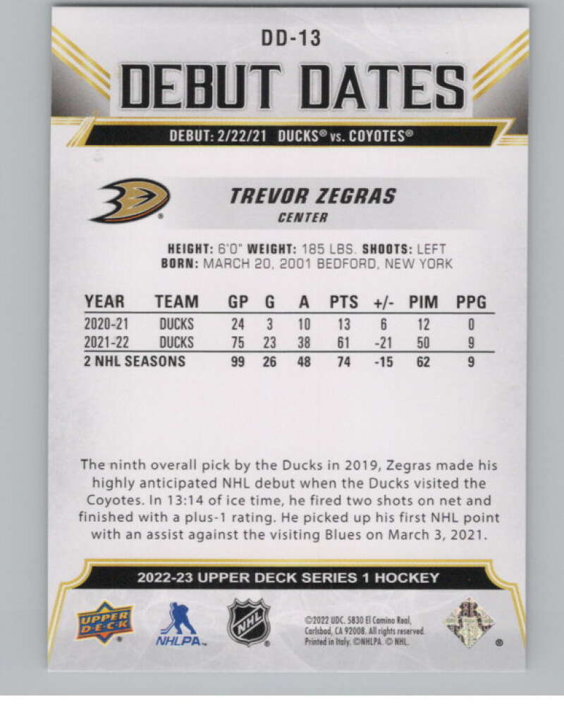 2022-23 Upper Deck Debut Dates #DD-13 Trevor Zegras  Anaheim Ducks  V102267 Image 2