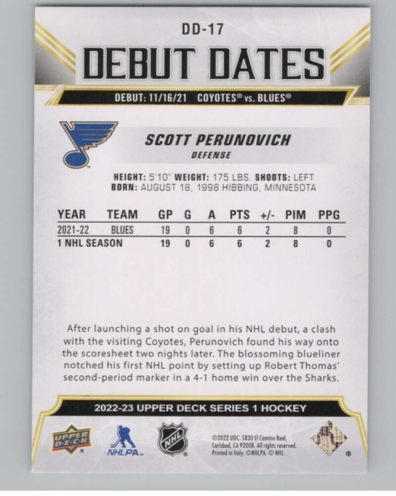 2022-23 Upper Deck Debut Dates #DD-17 Scott Perunovich  St. Louis Blues  V102268 Image 2