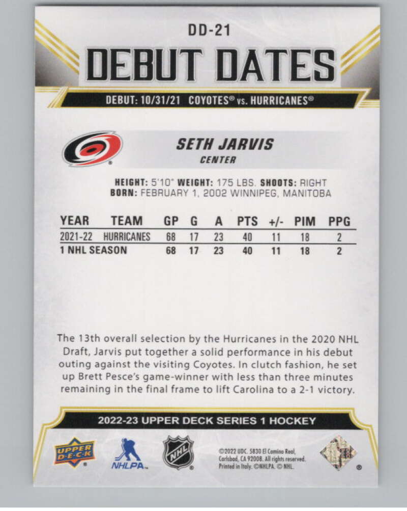 2022-23 Upper Deck Debut Dates #DD-21 Seth Jarvis  Carolina Hurricanes  V102270 Image 2