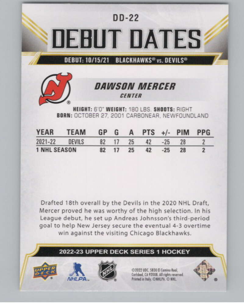 2022-23 Upper Deck Debut Dates #DD-22 Dawson Mercer  New Jersey Devils  V102271 Image 2