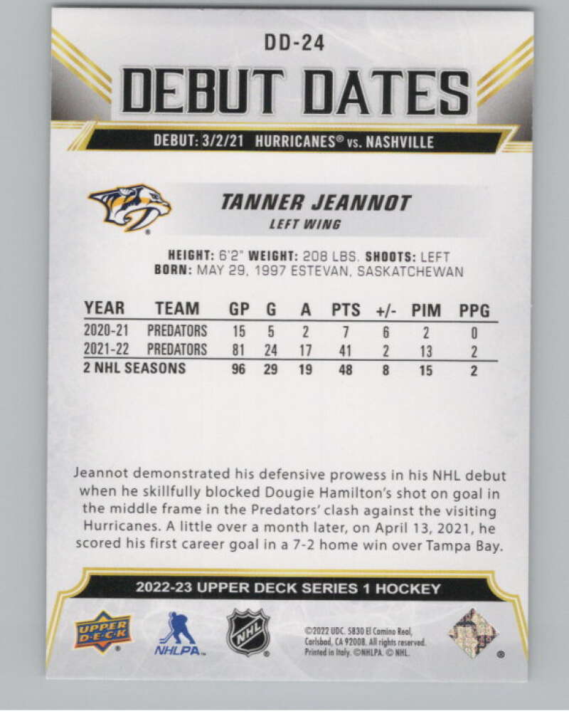 2022-23 Upper Deck Debut Dates #DD-24 Tanner Jeannot Predators  V102272 Image 2
