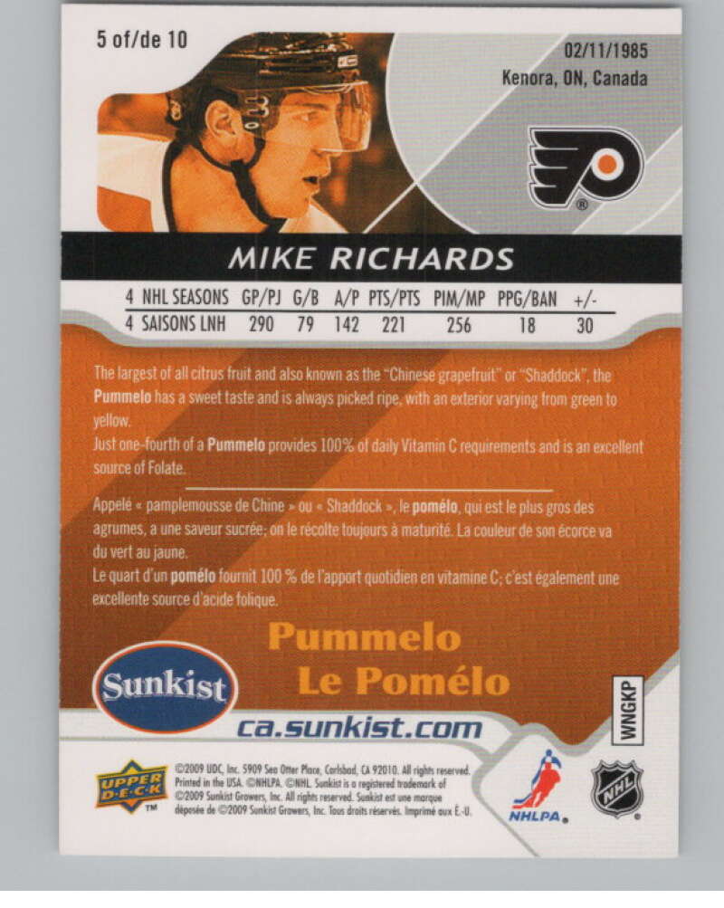 2009-10 Upper Deck Sunkist #5 Mike Richards  Philadelphia Flyers  V102273 Image 2