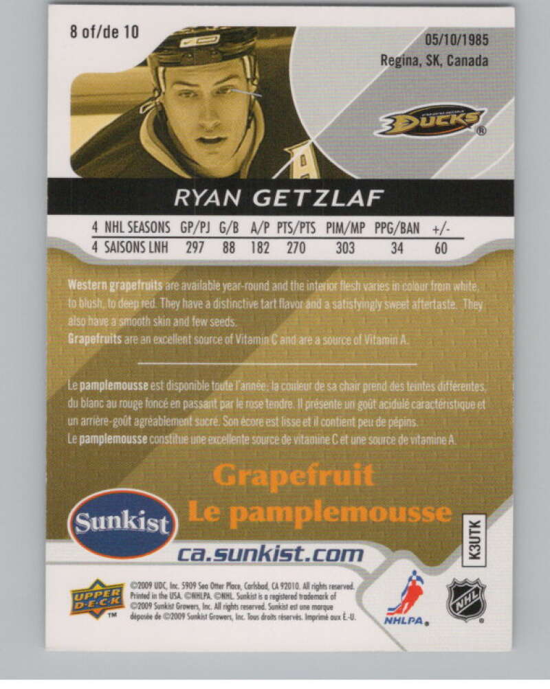 2009-10 Upper Deck Sunkist #8 Ryan Getzlaf  Anaheim Ducks  V102274 Image 2