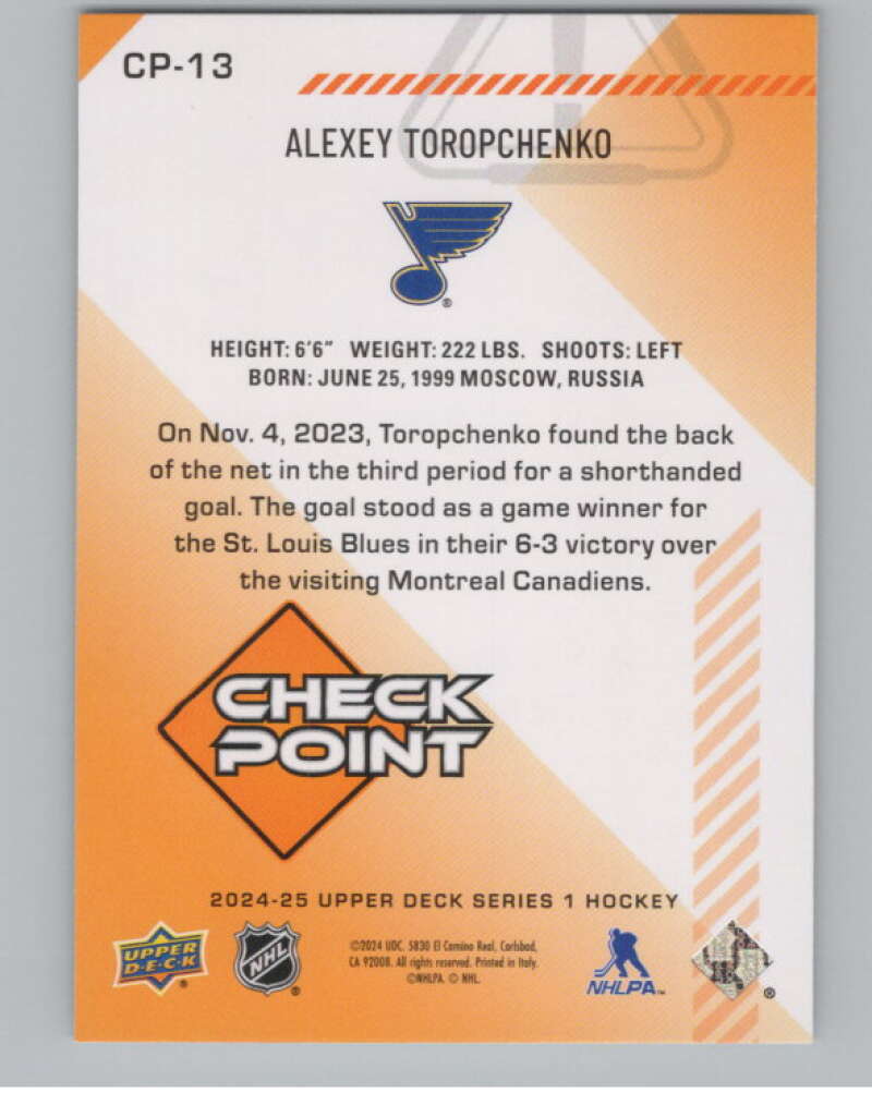 2024-25 Upper Deck Checkpoint #CP-13 Alexey Toropchenko  St. Louis Blues  V102289 Image 2