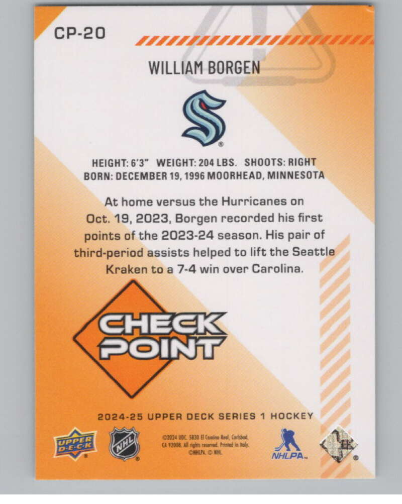 2024-25 Upper Deck Checkpoint #CP-20 William Borgen  Seattle Kraken  V102295 Image 2