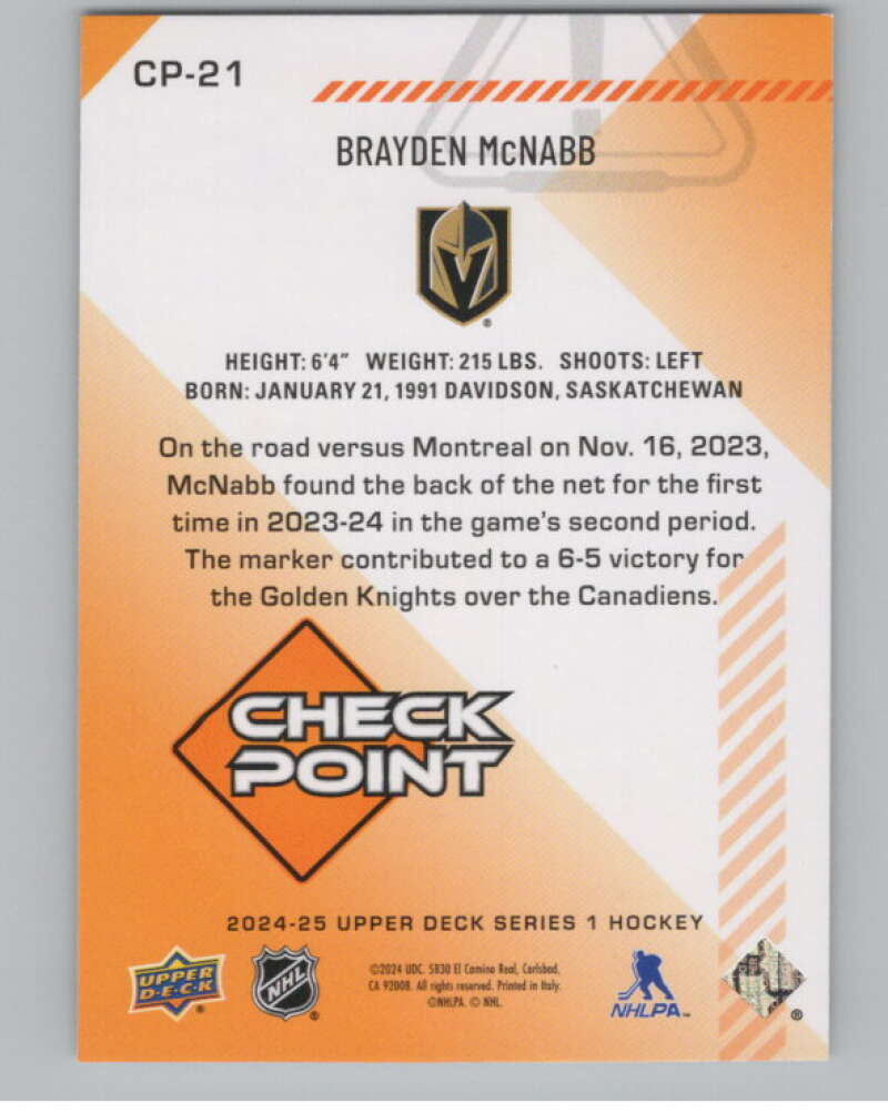 2024-25 Upper Deck Checkpoint #CP-21 Brayden McNabb Knights  V102296 Image 2