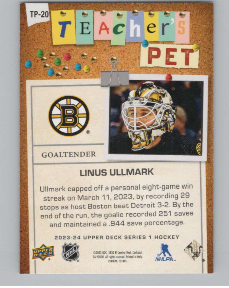 2023-24 Upper Deck Teachers Pet #TP-20 Linus Ullmark  Boston Bruins  V102332 Image 2