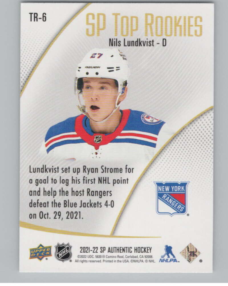 2021-22 SP Authentic Top Rookies #TR-6 Nils Lundkvist  New York Rangers  V102336 Image 2