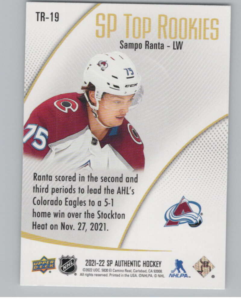 2021-22 SP Authentic Top Rookies #TR-19 Sampo Ranta Avalanche  V102345 Image 2