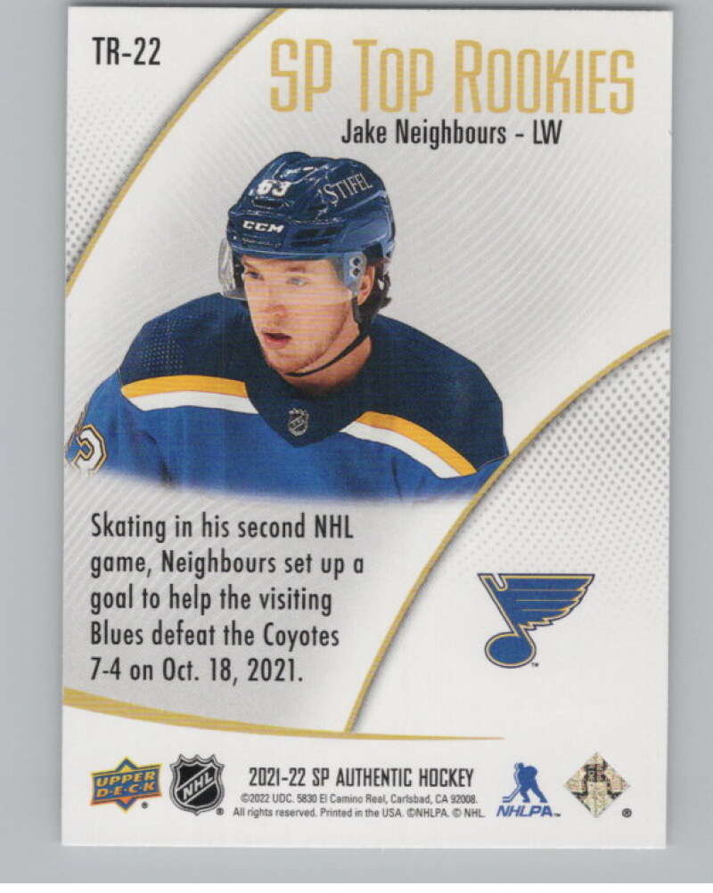 2021-22 SP Authentic Top Rookies #TR-22 Jake Neighbours Blues  V102347 Image 2