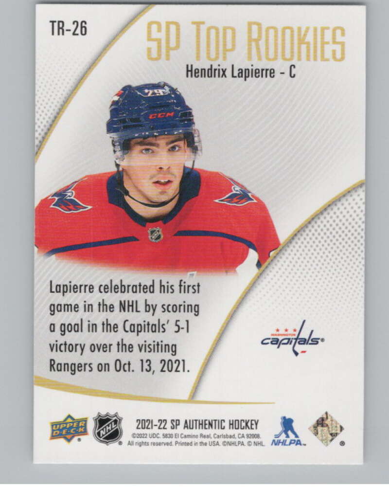 2021-22 SP Authentic Top Rookies #TR-26 Hendrix Lapierre Capitals  V102349 Image 2