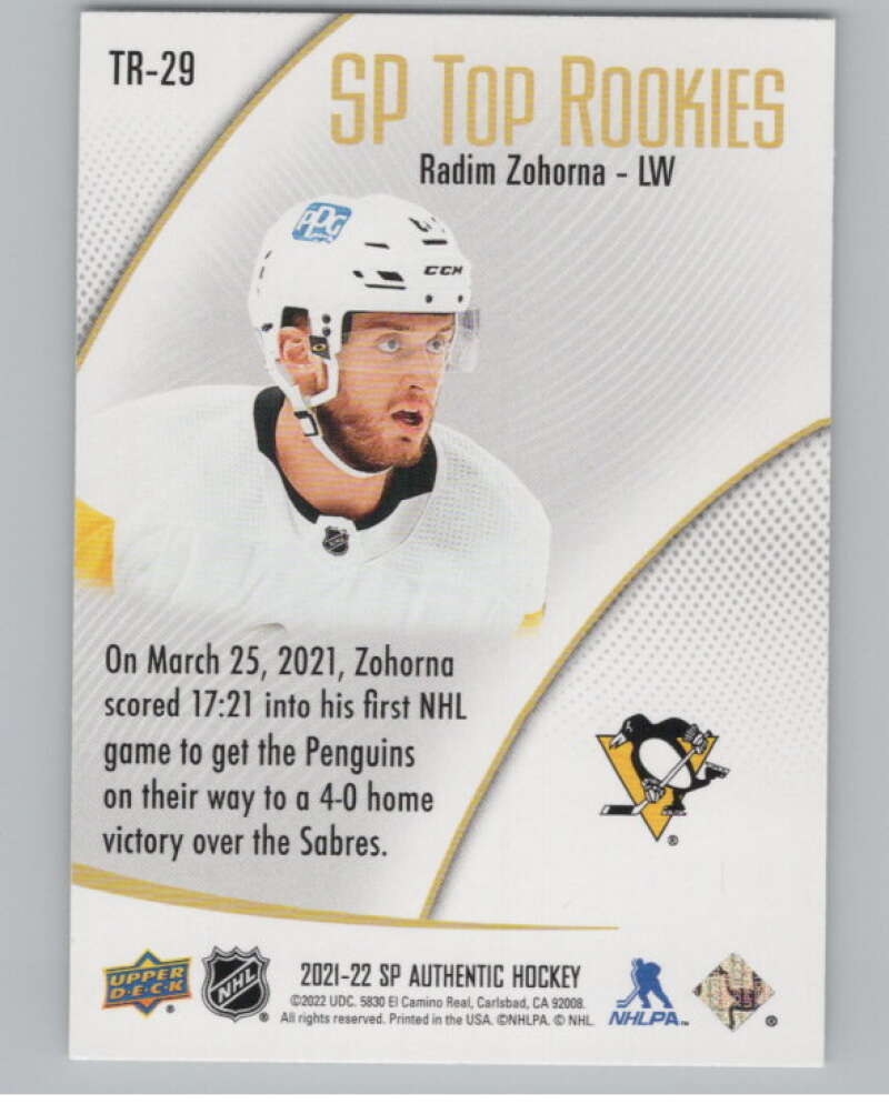 2021-22 SP Authentic Top Rookies #TR-29 Radim Zohorna Penguins  V102352 Image 2