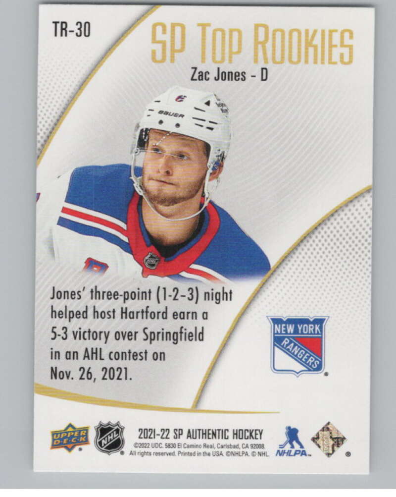 2021-22 SP Authentic Top Rookies #TR-30 Zac Jones  New York Rangers  V102353 Image 2