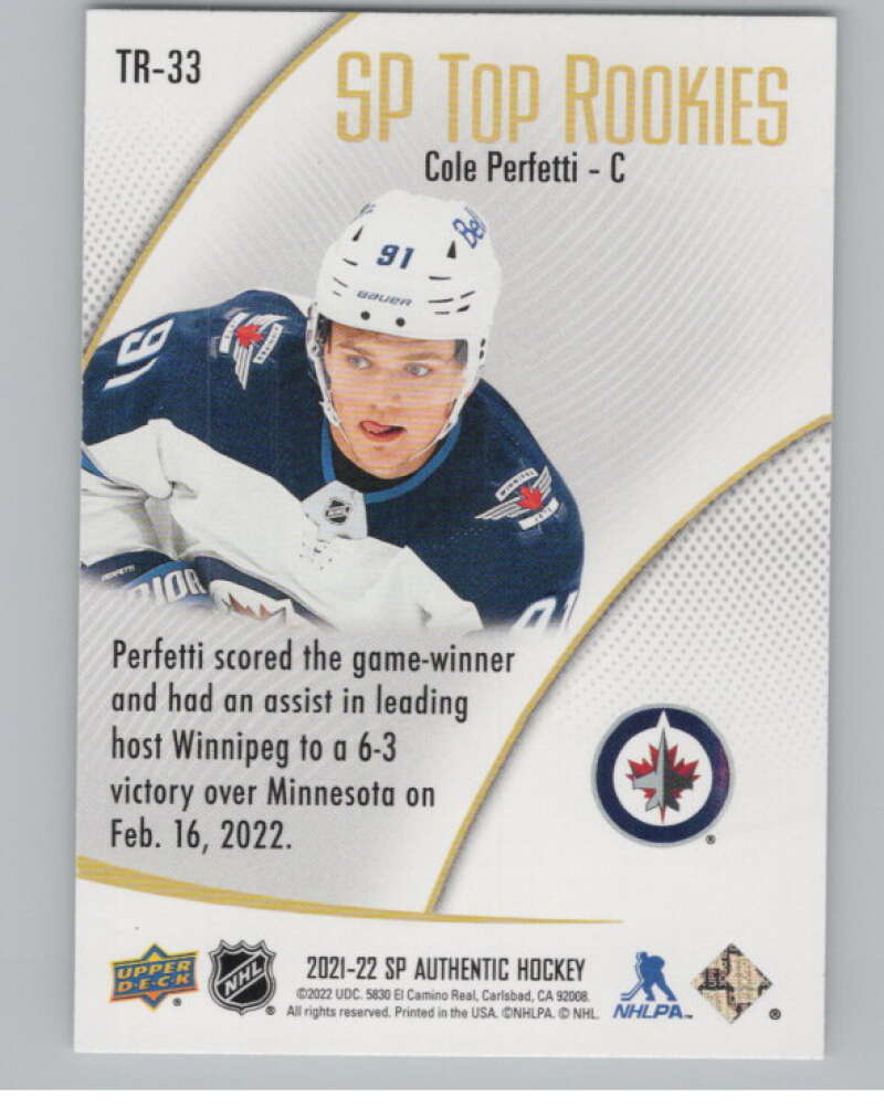 2021-22 SP Authentic Top Rookies #TR-33 Cole Perfetti  Winnipeg Jets  V102356 Image 2