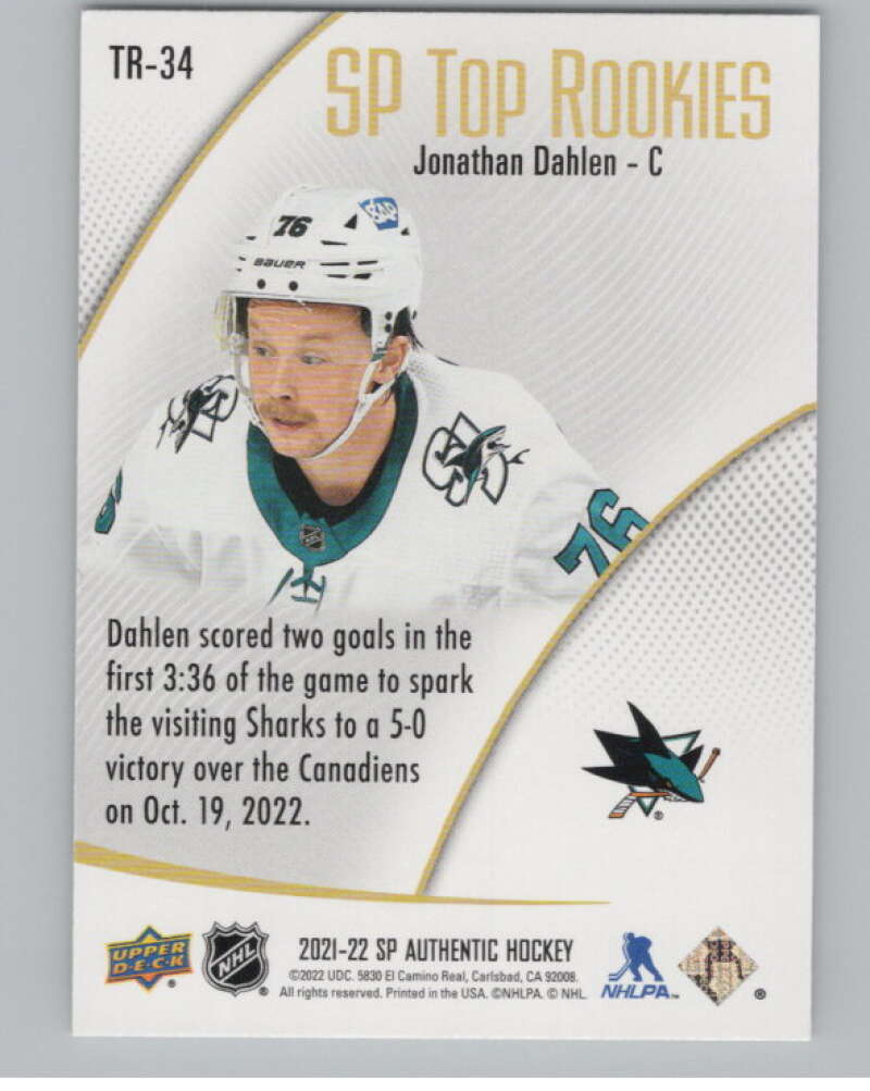 2021-22 SP Authentic Top Rookies #TR-34 Jonathan Dahlen Sharks  V102357 Image 2