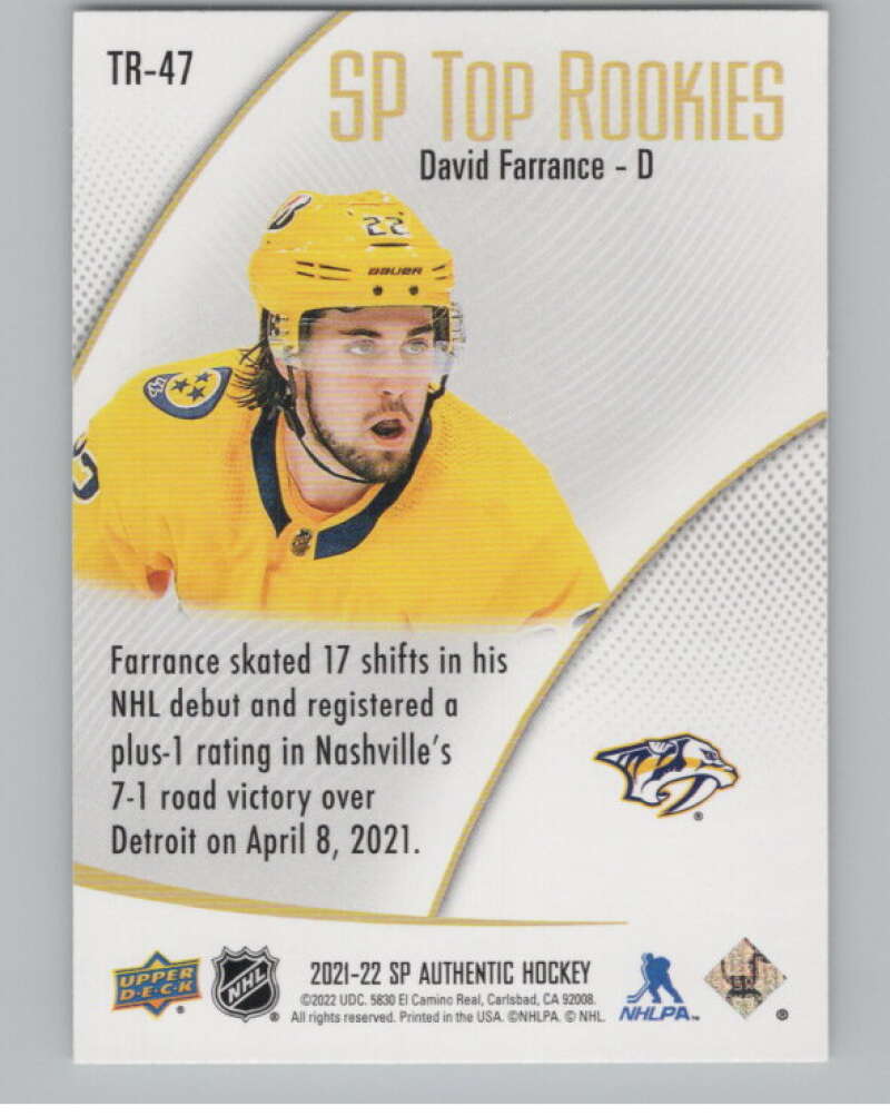 2021-22 SP Authentic Top Rookies #TR-47 David Farrance Predators  V102366 Image 2