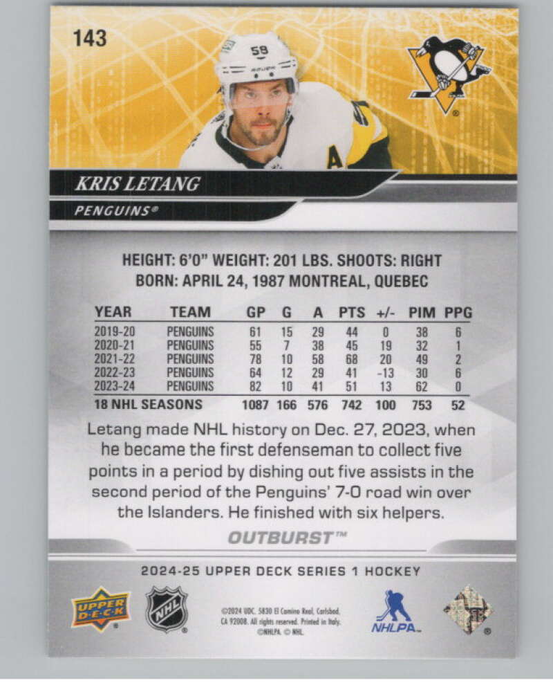 2024-25 Upper Deck Outburst Silver #143 Kris Letang Pittsburgh Penguins  V102416 Image 2