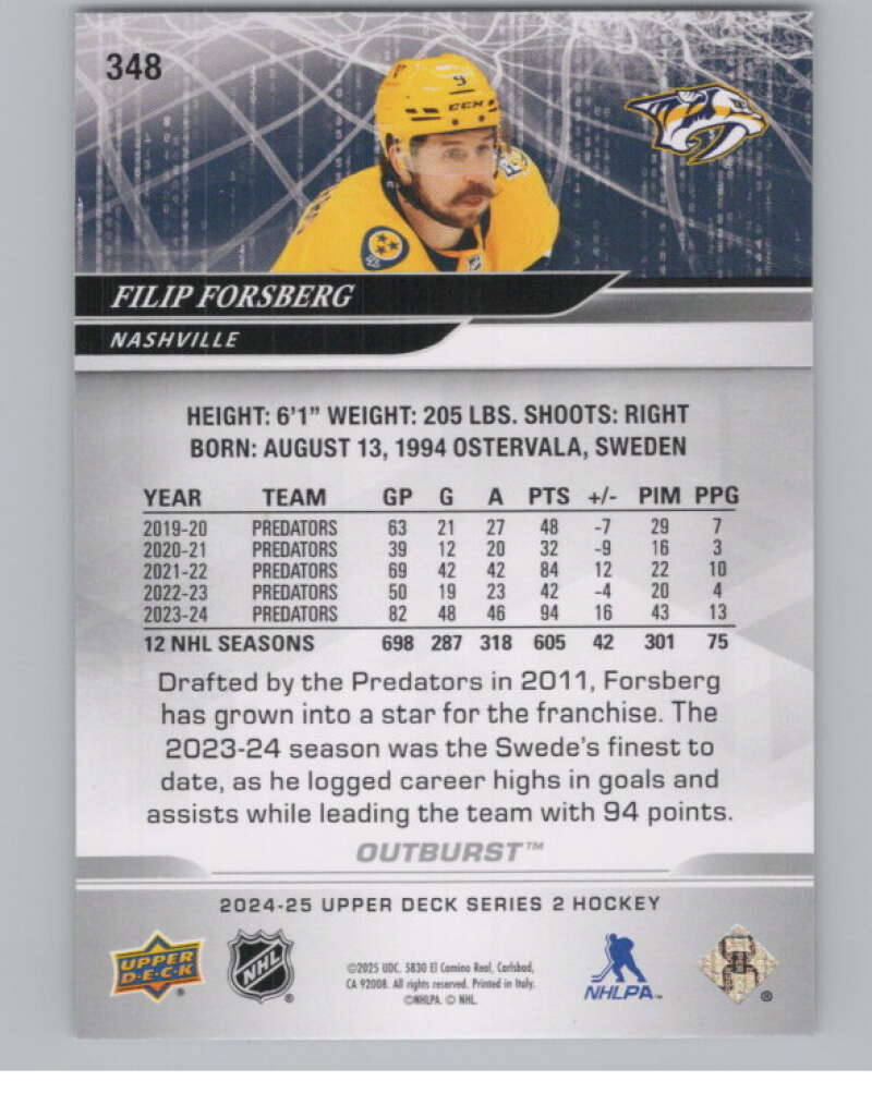 2024-25 Upper Deck Outburst Silver #348 Filip Forsberg Predators  V102417 Image 2