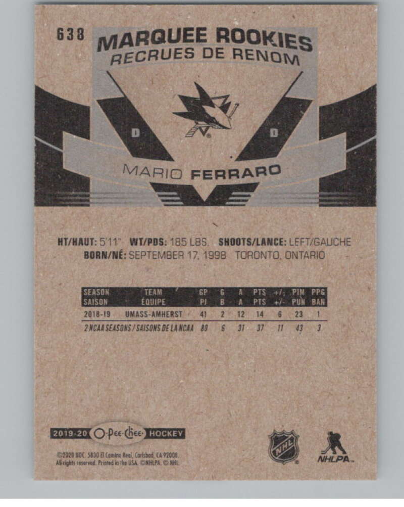 2019-20 O-Pee-Chee #638 Mario Ferraro  RC Rookie San Jose Sharks  V102432 Image 2