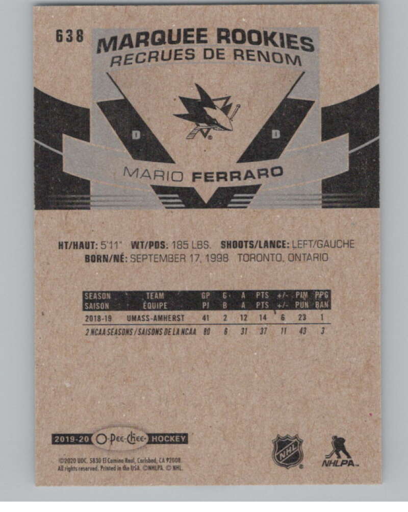 2019-20 O-Pee-Chee #638 Mario Ferraro  RC Rookie San Jose Sharks  V102433 Image 2