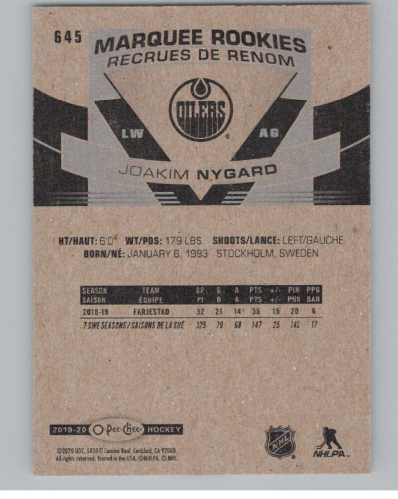 2019-20 O-Pee-Chee #645 Joakim Nygard  RC Rookie Edmonton Oilers  V102435 Image 2
