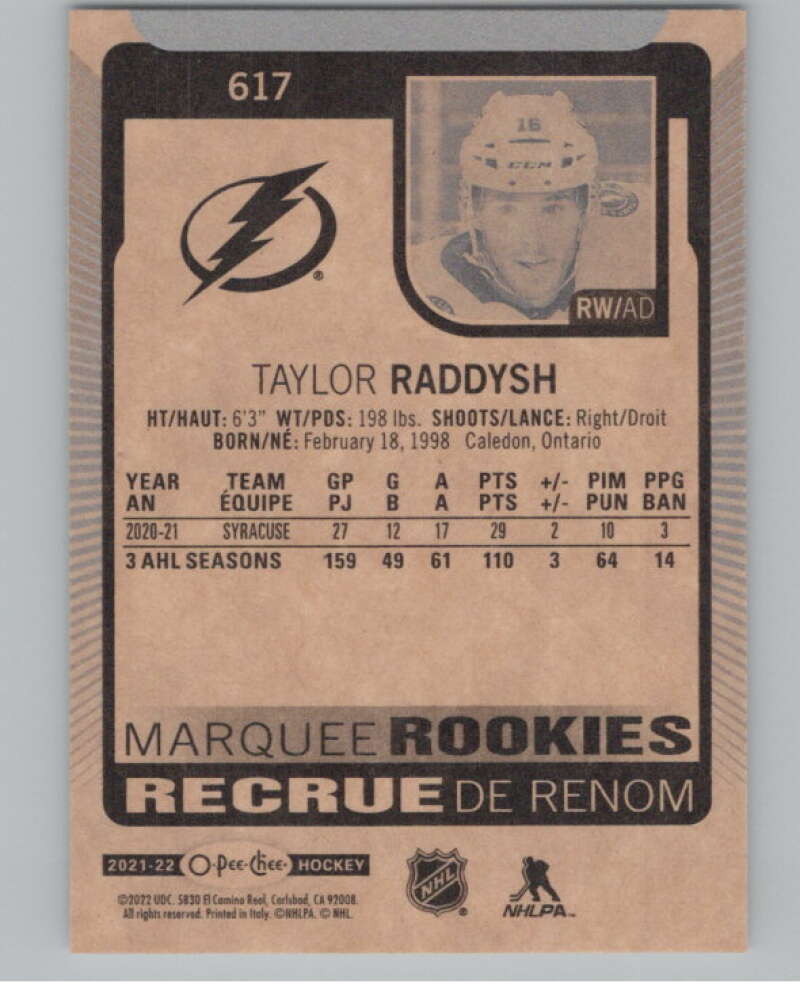 2021-22 O-Pee-Chee #617 Taylor Raddysh  RC Rookie Tampa Bay Lightning  V102436 Image 2