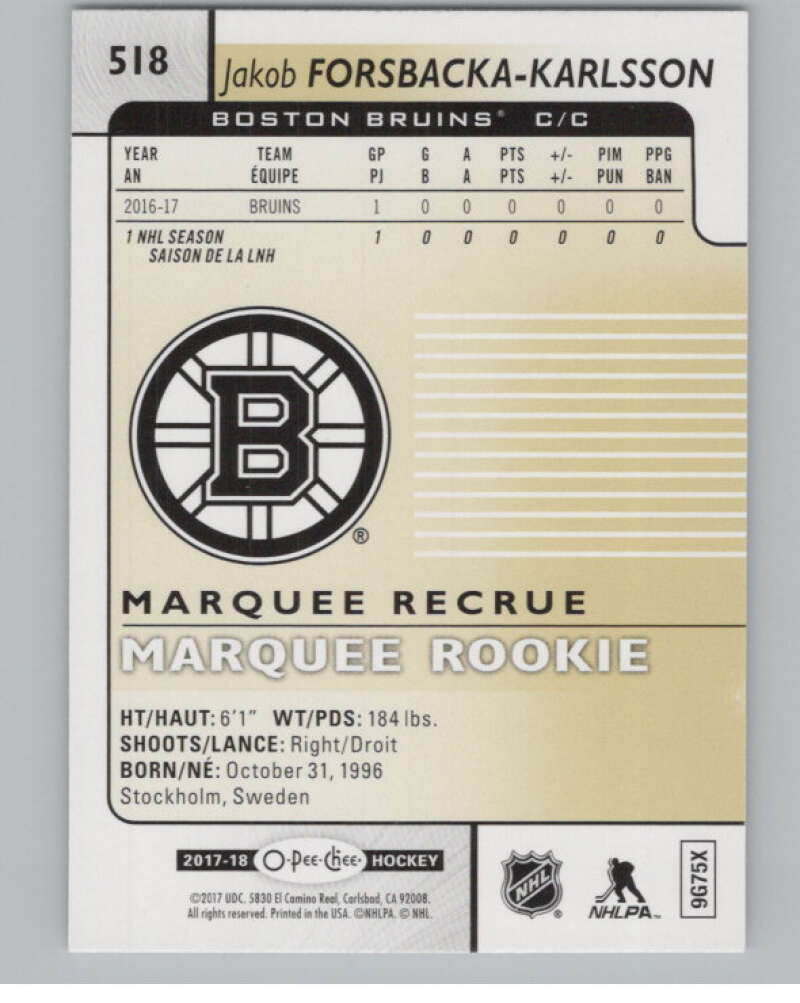 2017-18 O-Pee-Chee #518 Jakob Forsbacka-Karlsson Marquee RC Rookie SP  V102438 Image 2