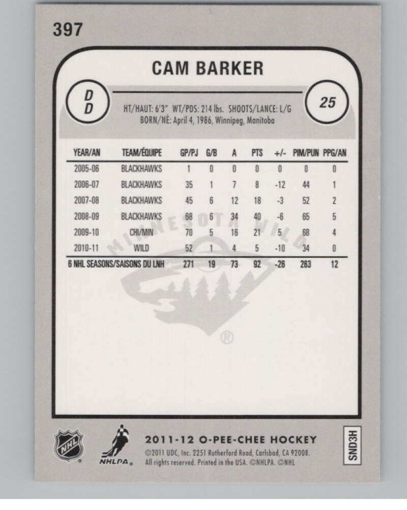 2011-12 Upper Deck O-Pee-Chee Rainbow #397 Cam Barker  Minnesota Wild  V102454 Image 2