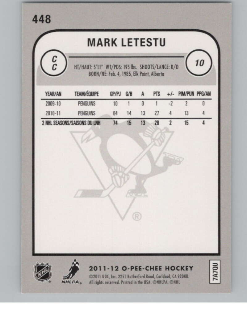 2011-12 Upper Deck O-Pee-Chee Rainbow #448 Mark Letestu Penguins  V102455 Image 2