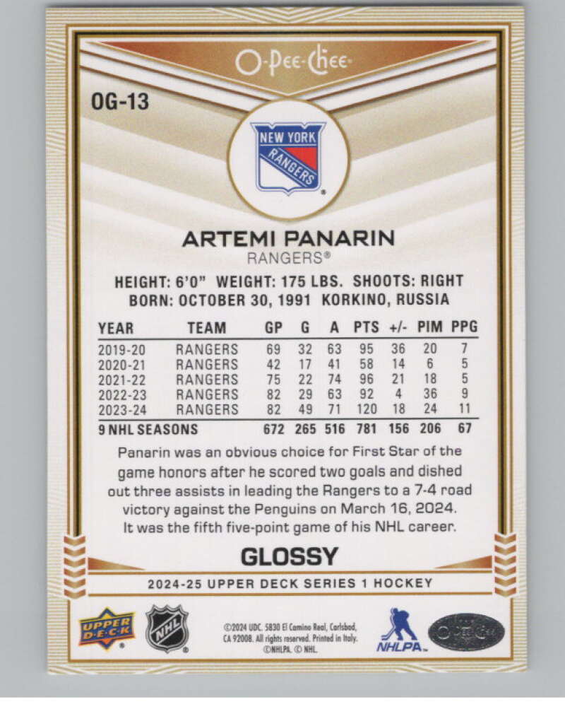 2024-25 Upper Deck O-Pee-Chee Glossy #OG-13 Artemi Panarin Rangers  V102460 Image 2