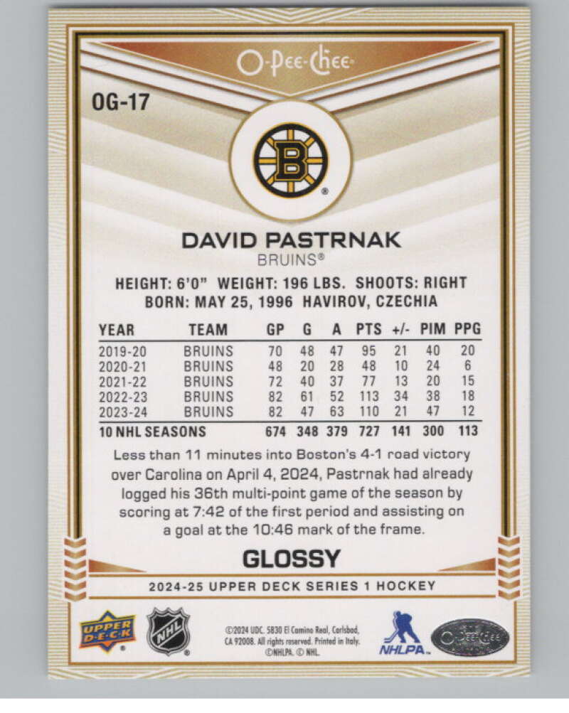 2024-25 Upper Deck O-Pee-Chee Glossy #OG-17 David Pastrnak Bruins  V102461 Image 2