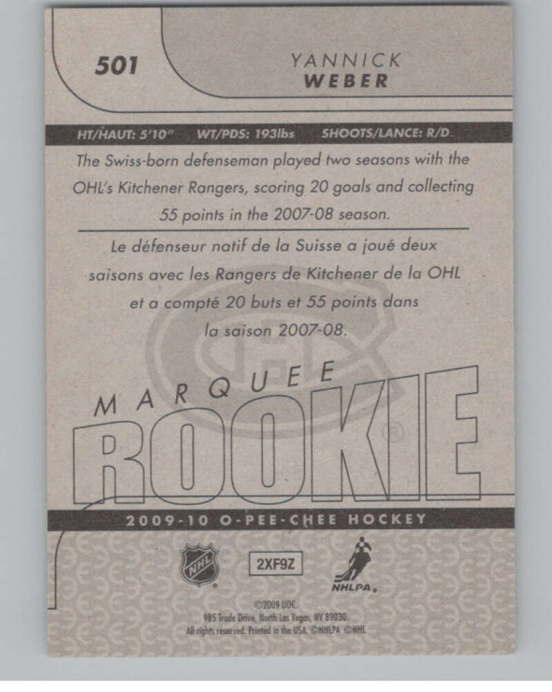 2009-10 O-Pee-Chee #501 Yannick Weber  RC Rookie Montreal Canadiens  V102462 Image 2
