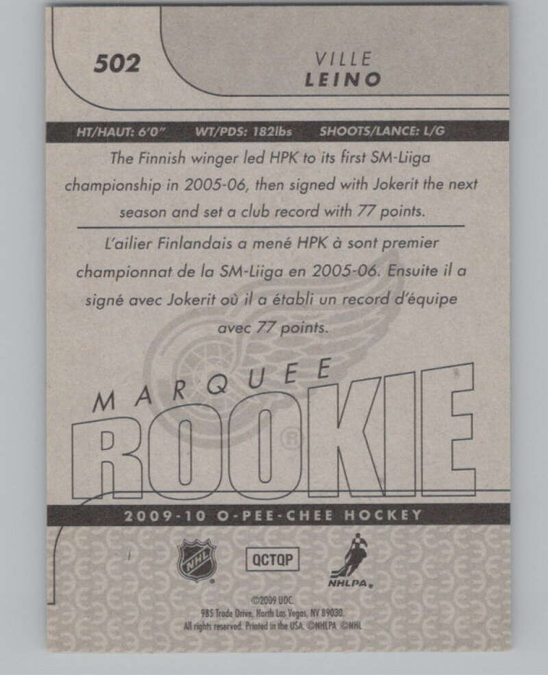 2009-10 O-Pee-Chee #502 Ville Leino  RC Rookie Detroit Red Wings  V102463 Image 2