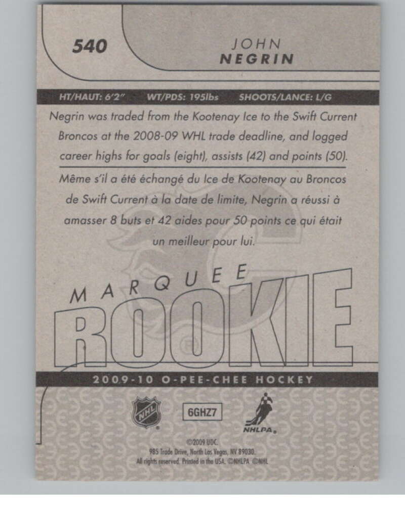 2009-10 O-Pee-Chee #540 John Negrin  RC Rookie Calgary Flames  V102467 Image 2